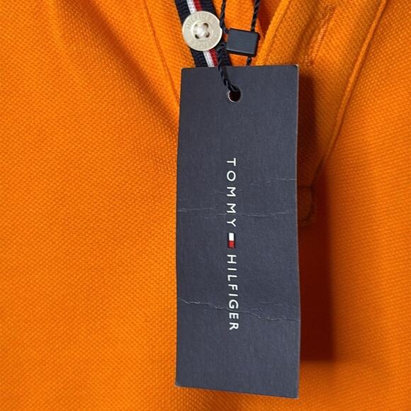 NWT Men’s Tommy Hilfiger Orange With Navy Blue Logo Polo Shirt Size X-Small - Picture 4 of 5